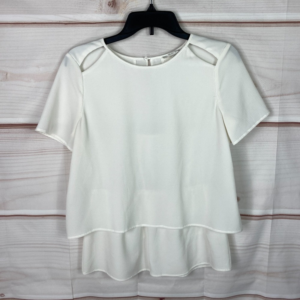 Cooper & Ella Top Womens S Ivory Short Sleeve Blouse Texture Cut Out Open Back‎
